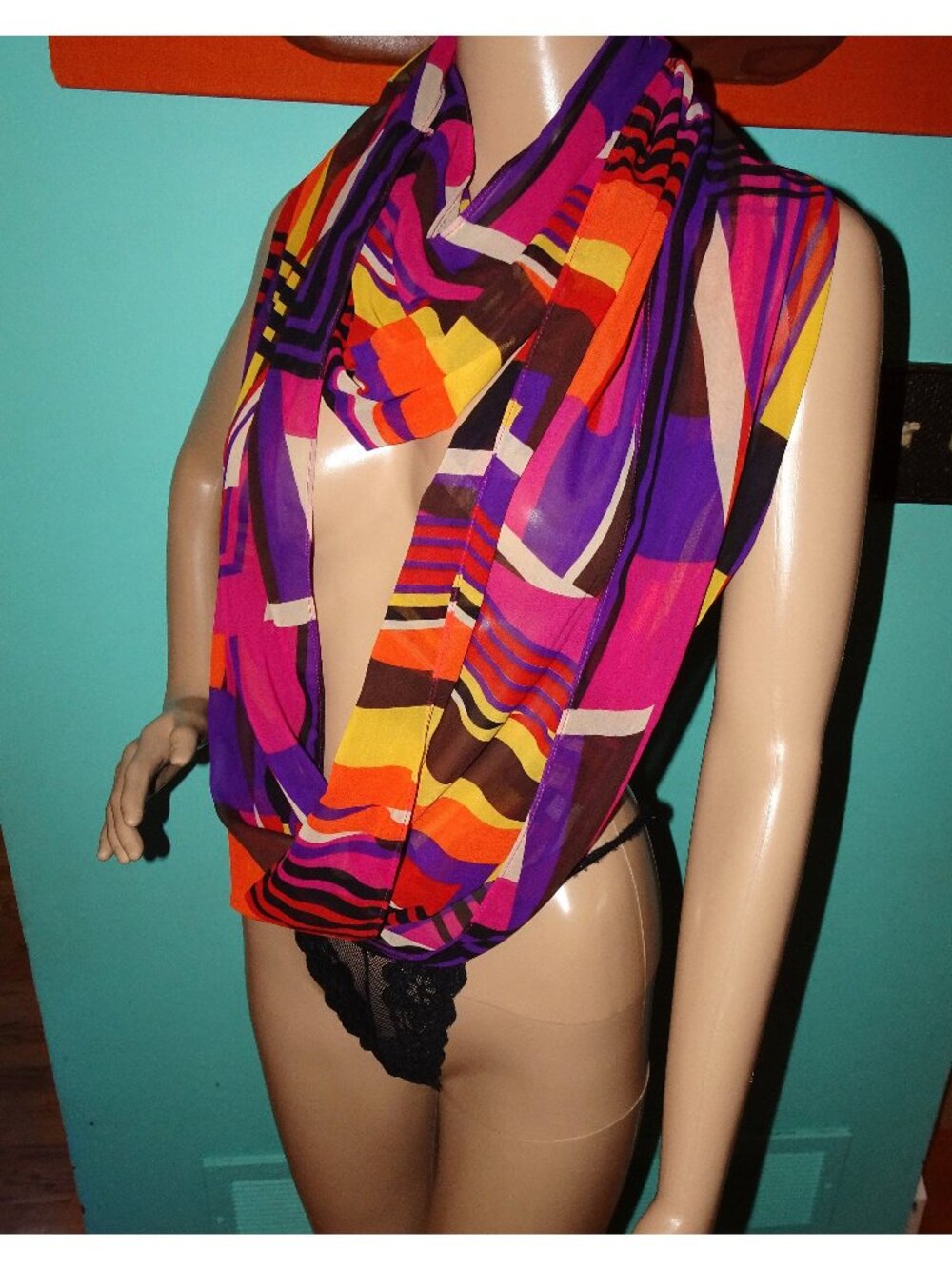 Vintage Pink Purple Nylon Infinity Scarf pinup retro art deco